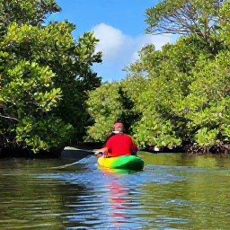 Caribbean Holidays, Cayman December Adventure, Kayakers paddling through calm mangrove channels on Grand Cayman with lush green vegetation and sunlight on the water