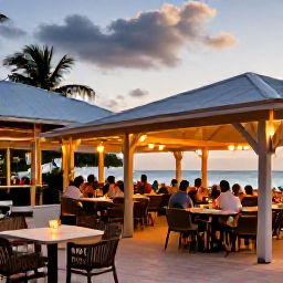 Caribbean Holidays, Cayman December Adventure, Outdoor beachfront restaurant in Grand Cayman at sunset with fresh seafood, relaxed diners and warm evening lights