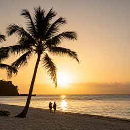Caribbean Holidays, Cayman December Beaches, Golden sunset over a peaceful Cayman Islands beach in December, silhouettes of palm trees and a couple walking beside the sea