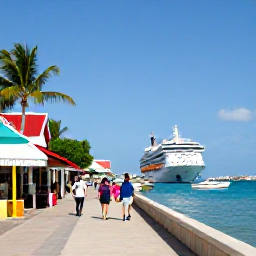 Caribbean Holidays, Cayman December Cruises, Passengers walking along colourful George Town waterfront in Grand Cayman, with cruise tenders offshore, shops and palm trees under a clear blue sky