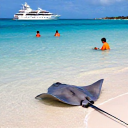 Caribbean Holidays, Cayman December Cruises, Visitors swimming with gentle stingrays in clear shallow water at Stingray City, Grand Cayman, with a boat and sandy seabed visible