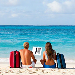 Caribbean Holidays, Cayman December Escape, Couple relaxing on a Cayman Islands beach with luggage and travel guide, bright blue sea and gentle December afternoon light
