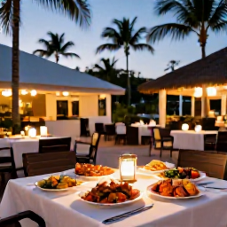 Caribbean Holidays, Cayman December Escape, Outdoor table at a Cayman Islands restaurant serving fresh seafood at dusk, palm trees and warm island lighting