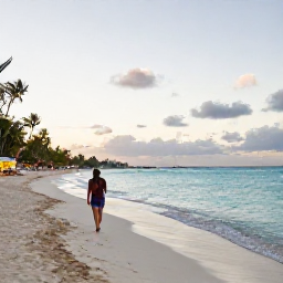 Caribbean Holidays, Cayman December Escape, Traveller walking along Seven Mile Beach in Grand Cayman at sunset, calm turquoise sea and relaxed festive atmosphere