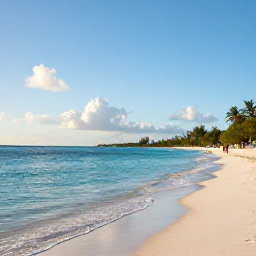Caribbean Holidays, Cayman December Tours, A bright December morning on Seven Mile Beach in Grand Cayman, with calm turquoise water, white sand and a few visitors enjoying the shoreline