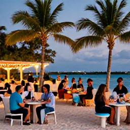 Caribbean Holidays, Cayman December Tours, A relaxed Caribbean beach barbecue at dusk in the Cayman Islands, with palm trees, warm light and visitors enjoying a festive December evening