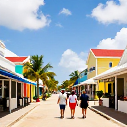 Caribbean Holidays, Cayman December Tours, Friendly visitors walking through George Town, Grand Cayman, viewing colourful buildings, local shops and palm trees in warm December sunshine