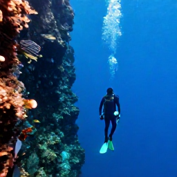 Caribbean Holidays, Cayman Diving April, Divers descending a dramatic underwater wall with blue water and tropical fish near Grand Cayman