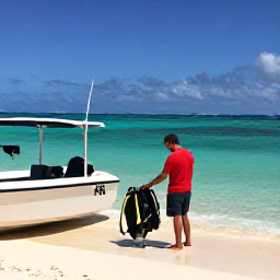 Caribbean Holidays, Cayman Diving April, Friendly dive instructor preparing scuba equipment beside a boat on a sunny Grand Cayman beach