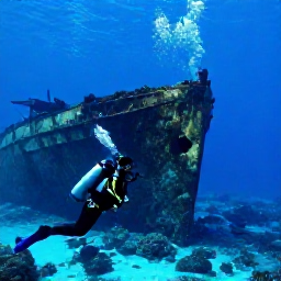 Caribbean Holidays, Cayman Diving April, Scuba divers observing a large shipwreck surrounded by reef fish in clear Caribbean water