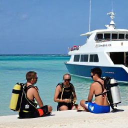 Caribbean Holidays, Cayman Diving August, Friendly scuba diving group relaxing beside a dive boat in the sunny Cayman Islands