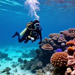 Caribbean Holidays, Cayman Diving August, Scuba diver exploring a colourful coral reef in clear turquoise water around the Cayman Islands