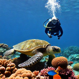 Caribbean Holidays, Cayman Diving August, Scuba diver observing a green sea turtle and colourful tropical fish over a healthy coral reef in Grand Cayman
