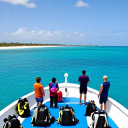 Caribbean Holidays, Cayman Diving December, A professional dive boat carrying visitors towards a sunny Grand Cayman coastline, with scuba equipment on deck