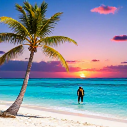 Caribbean Holidays, Cayman Diving December, A relaxed beach scene on Grand Cayman after a day of scuba diving, with palm trees, turquoise sea and a colourful sunset