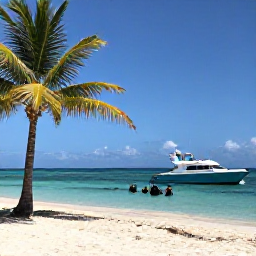 Caribbean Holidays, Cayman Diving February, A friendly dive boat returning to a sunny Cayman Islands beach after a morning scuba trip, with palm trees and calm turquoise sea
