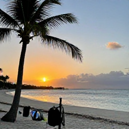 Caribbean Holidays, Cayman Diving July, A relaxed Caribbean beach on Grand Cayman with palm trees, calm water, dive equipment and a warm July sunset