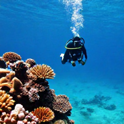 Caribbean Holidays, Cayman Diving July, A scuba diver descending through clear turquoise water beside a colourful coral reef in the Cayman Islands during July
