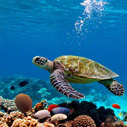 Caribbean Holidays, Cayman Diving July, Divers exploring a vibrant coral reef with a green sea turtle and tropical fish in clear Cayman Islands water