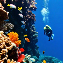 Caribbean Holidays, Cayman Diving March, Colourful coral reef, tropical fish and a diver descending along a dramatic underwater wall in Grand Cayman