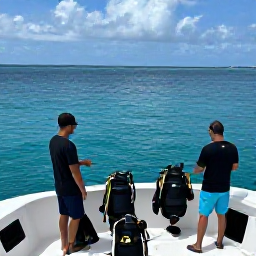 Caribbean Holidays, Cayman Diving March, Friendly dive boat crew preparing scuba equipment beside the calm turquoise waters of Grand Cayman