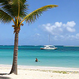 Caribbean Holidays, Cayman Diving March, Relaxed beach scene on Grand Cayman with turquoise sea, palm trees and a diver returning from a morning boat trip