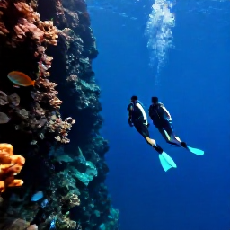 Caribbean Holidays, Cayman Diving May, Divers descending beside a dramatic underwater wall near Grand Cayman, with blue water and tropical fish