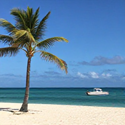 Caribbean Holidays, Cayman Diving May, Relaxed Caribbean beach scene in Grand Cayman with palm trees, calm turquoise sea and a diver&rsquo;s boat offshore