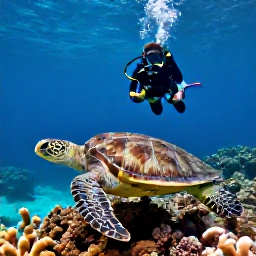 Caribbean Holidays, Cayman Diving May, Scuba diver observing a sea turtle over a coral reef in the Cayman Islands