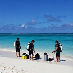 Caribbean Holidays, Cayman Diving November, Friendly scuba diving group preparing equipment beside a tropical Cayman Islands beach