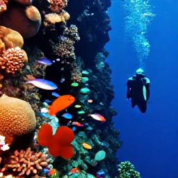Caribbean Holidays, Cayman Diving October, Diver descending along the dramatic Bloody Bay Wall near Little Cayman, vivid coral, sponges and schools of reef fish