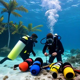 Caribbean Holidays, Cayman Diving October, Relaxed divers rinsing equipment at a Cayman Islands dive centre after a reef dive, tropical palm trees and bright island light