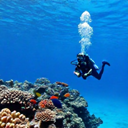 Caribbean Holidays, Cayman Diving October, Scuba diver exploring a clear coral reef beside Grand Cayman, warm blue Caribbean water and colourful tropical fish