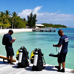 Caribbean Holidays, Cayman Diving September, Friendly Cayman Islands dive instructors preparing scuba equipment beside a tropical marina before a reef dive