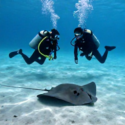 Caribbean Holidays, Cayman Diving September, Scuba divers gently interacting with friendly southern stingrays over a sandy seabed at Stingray City in Grand Cayman
