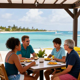Caribbean Holidays, Cayman Family Holidays, A family enjoying a relaxed outdoor meal at a casual waterfront restaurant in Grand Cayman