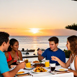Caribbean Holidays, Cayman Family Holidays, A family enjoying an outdoor Caribbean restaurant meal at sunset in Grand Cayman, with colourful local dishes and a relaxed atmosphere