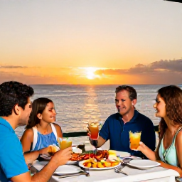 Caribbean Holidays, Cayman Family Holidays, A family enjoying an outdoor Caribbean restaurant meal at sunset in Grand Cayman, with fresh seafood and tropical drinks on the table
