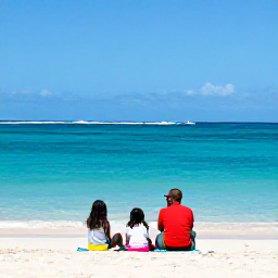 Caribbean Holidays, Cayman Family Holidays, A family relaxing on a bright sandy beach beside calm turquoise water in Grand Cayman, Caribbean sunshine