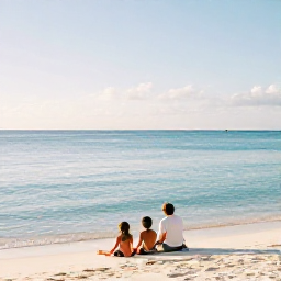 Caribbean Holidays, Cayman Family Holidays, A family relaxing on Seven Mile Beach in the Cayman Islands during a bright February morning, with calm turquoise water and soft white sand
