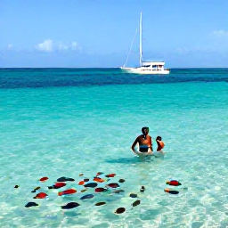 Caribbean Holidays, Cayman Family Holidays, A family snorkelling beside colourful fish in clear shallow Caribbean water near Grand Cayman, with a boat in the background