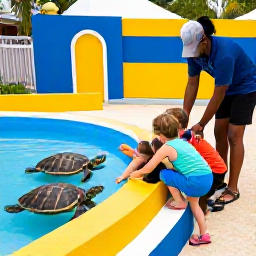 Caribbean Holidays, Cayman Family Holidays, A family visiting the Cayman Turtle Centre in Grand Cayman, with children observing turtles in a colourful outdoor setting