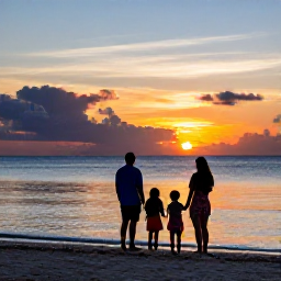 Caribbean Holidays, Cayman Family Holidays, A family watching a colourful sunset over the calm Caribbean Sea from a Grand Cayman beach