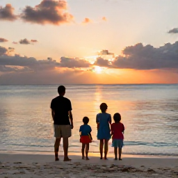 Caribbean Holidays, Cayman Family Holidays, A family watching the sunset over the calm Caribbean Sea from Seven Mile Beach, Cayman Islands