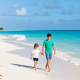 Caribbean Holidays, Cayman Family Holidays, A happy family walking along Seven Mile Beach in Grand Cayman on a sunny June morning, turquoise sea and soft white sand