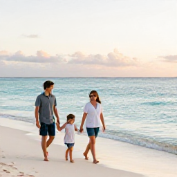 Caribbean Holidays, Cayman Family Holidays, A happy family walking along Seven Mile Beach in the Cayman Islands at sunrise, calm turquoise water and soft golden light