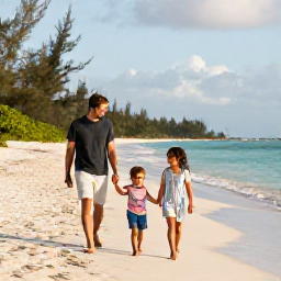 Caribbean Holidays, Cayman Family Holidays, A happy family walking along Seven Mile Beach in the Cayman Islands during a sunny November morning