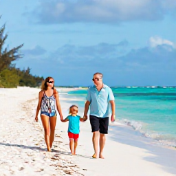 Caribbean Holidays, Cayman Family Holidays, A happy family walking along Seven Mile Beach in the Cayman Islands on a bright July morning