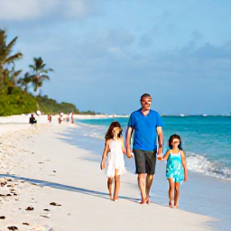 Caribbean Holidays, Cayman Family Holidays, A happy family walking along Seven Mile Beach in the Cayman Islands on a sunny October morning