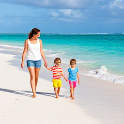 Caribbean Holidays, Cayman Family Holidays, A happy family walking along Seven Mile Beach in the warm December sunshine, turquoise sea and soft white sand, Cayman Islands
